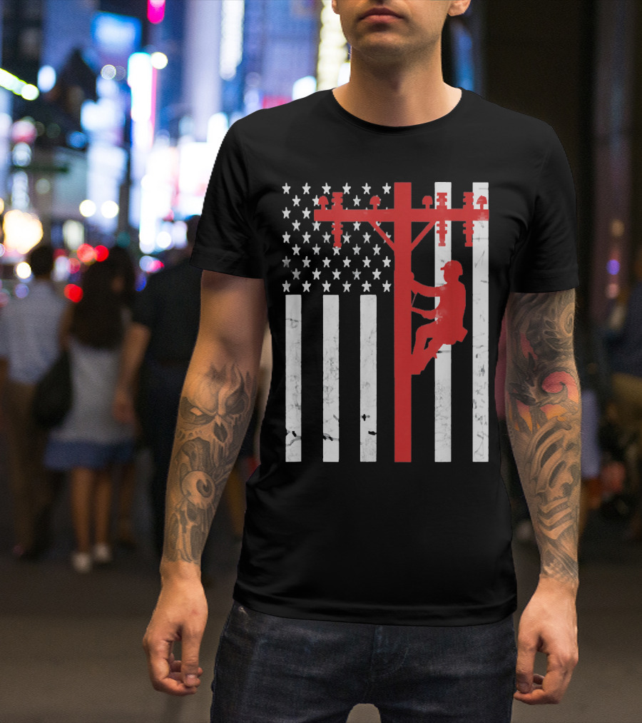 American Flag Lineman Climbing Utility Pole T-Shirt