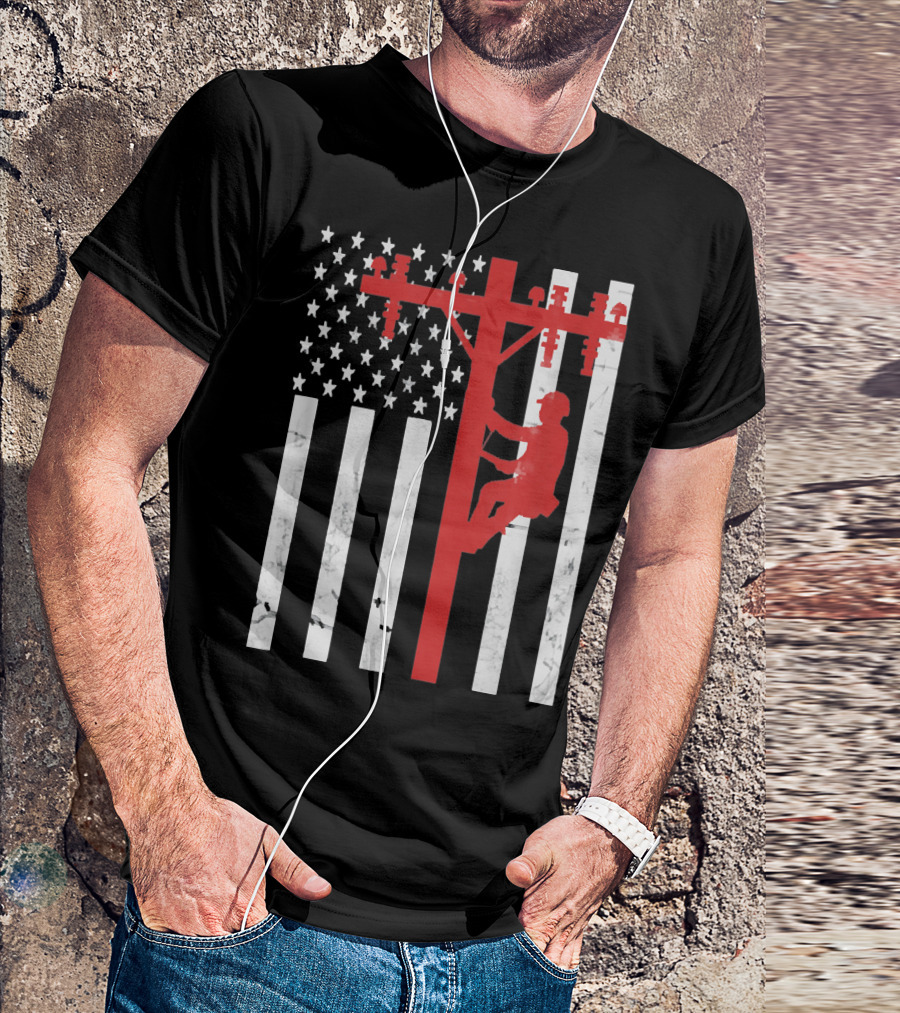 American Flag Lineman Climbing Utility Pole T-Shirt
