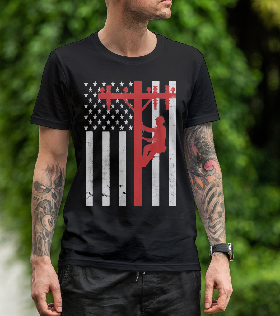American Flag Lineman Climbing Utility Pole T-Shirt