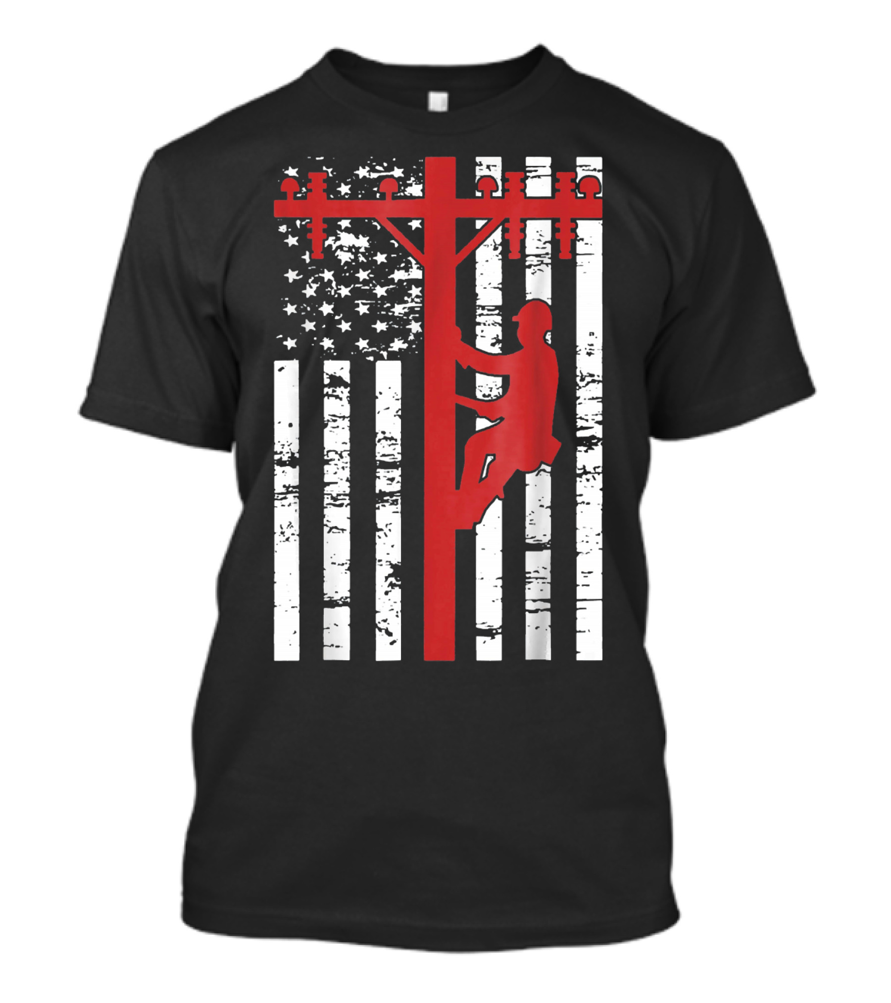 Lineman Climbing Power Pole American Flag T-Shirt