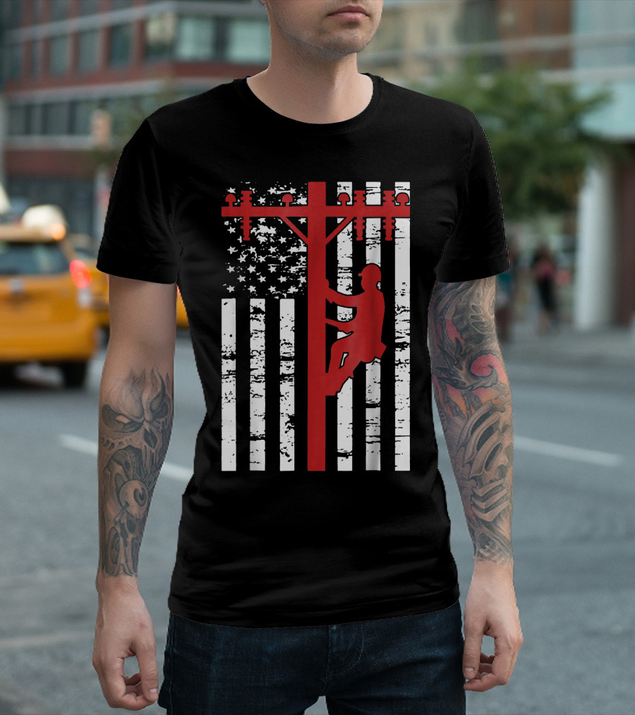 Lineman Climbing Power Pole American Flag T-Shirt