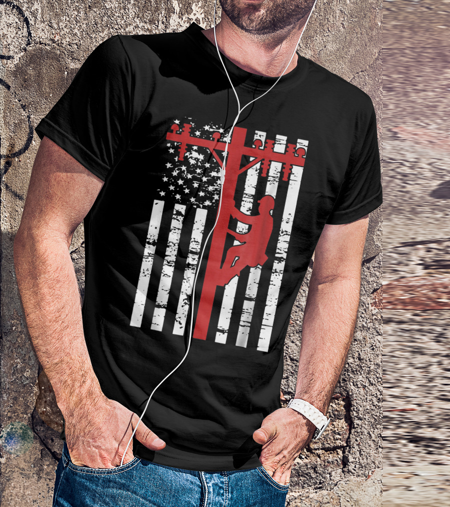 Lineman Climbing Power Pole American Flag T-Shirt