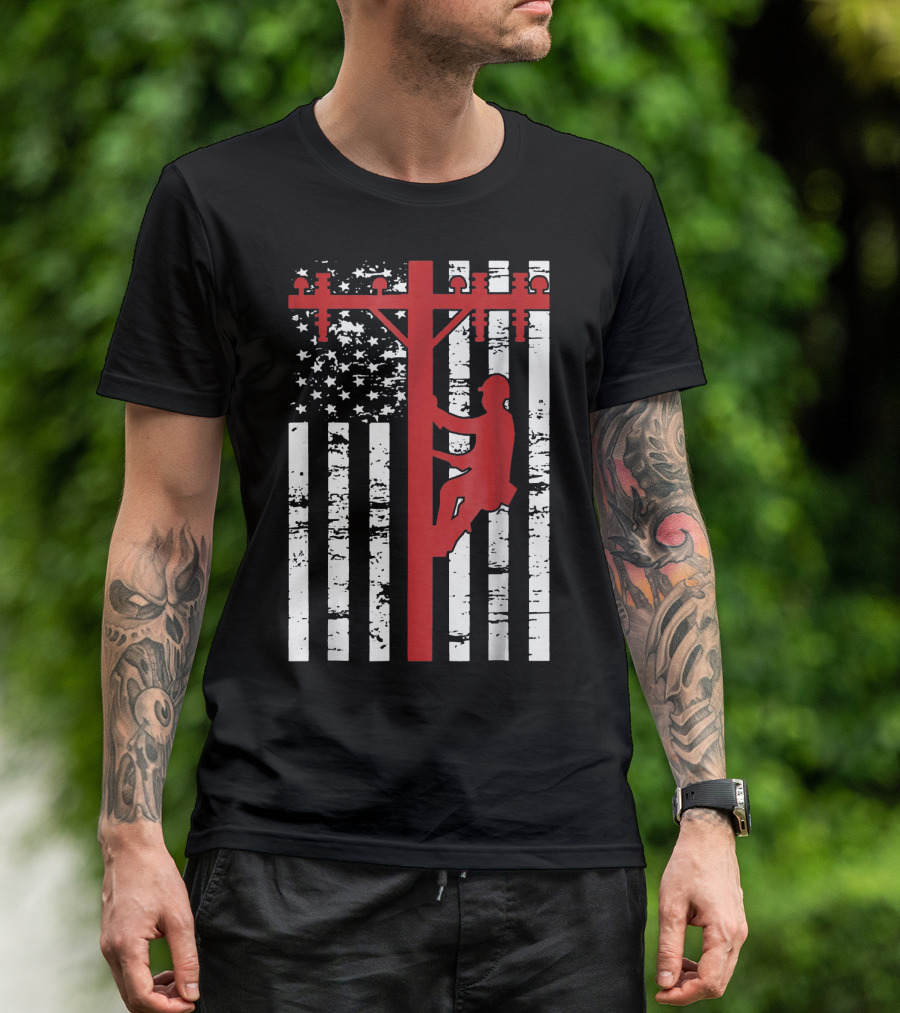 Lineman Climbing Power Pole American Flag T-Shirt