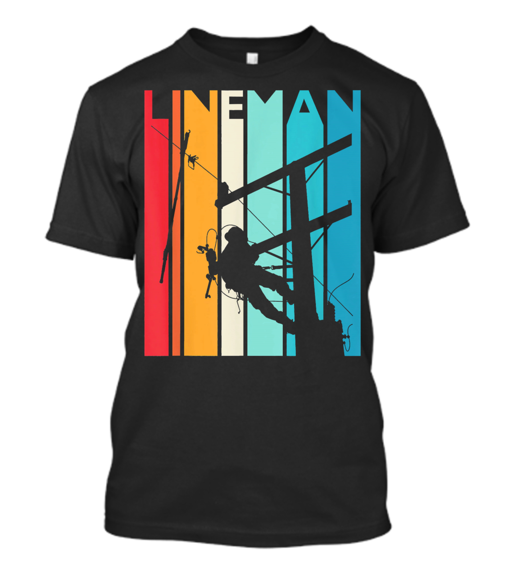 Lineman Vintage Retro Lineman Silhouette On Power Line With Colorful Stripes T-Shirt