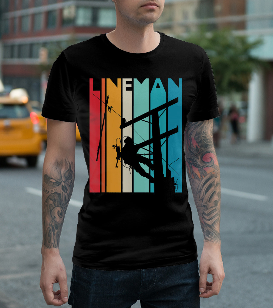 Lineman Vintage Retro Lineman Silhouette On Power Line With Colorful Stripes T-Shirt