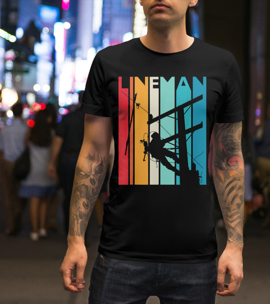 Lineman Vintage Retro Lineman Silhouette On Power Line With Colorful Stripes T-Shirt
