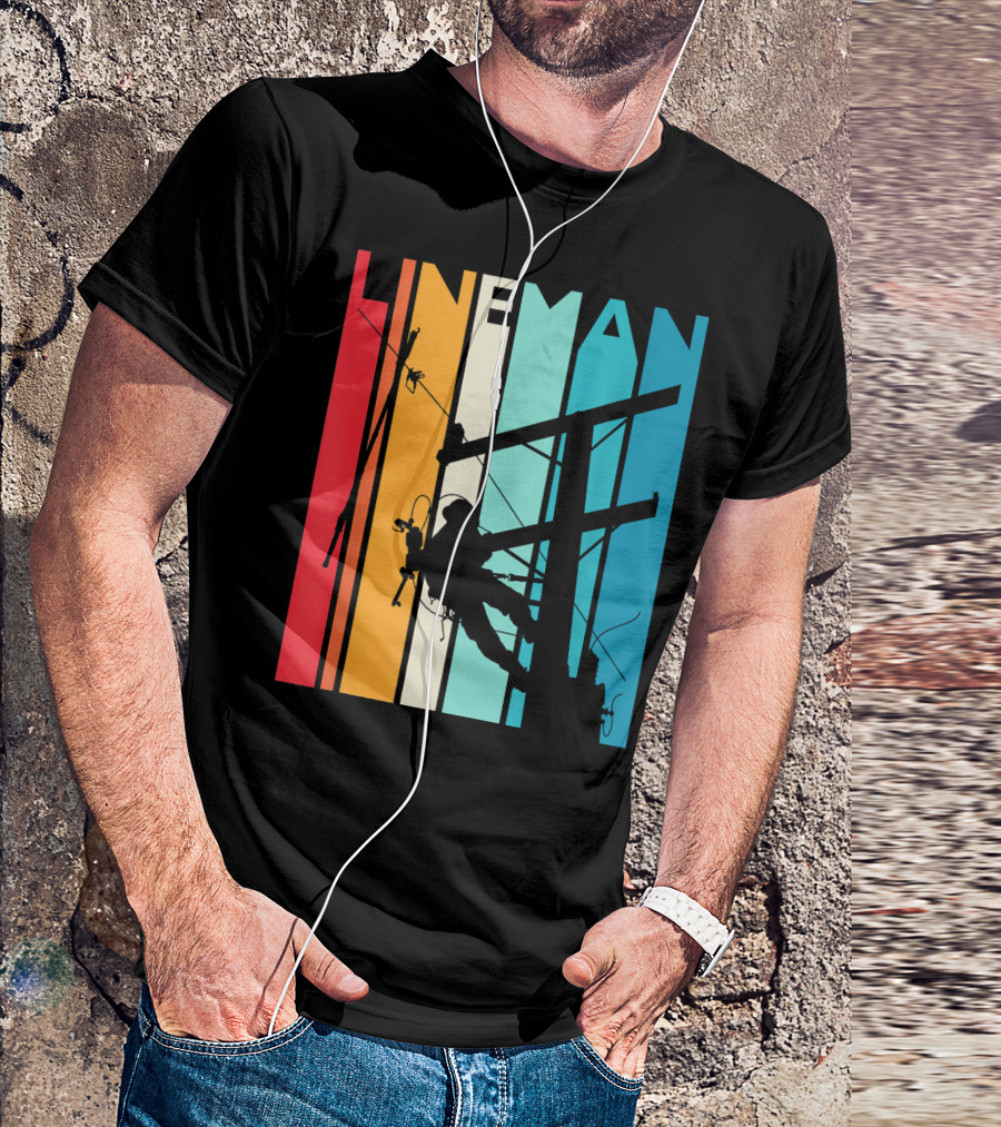 Lineman Vintage Retro Lineman Silhouette On Power Line With Colorful Stripes T-Shirt