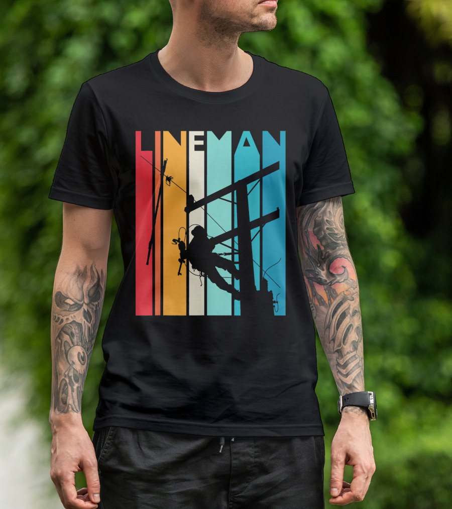 Lineman Vintage Retro Lineman Silhouette On Power Line With Colorful Stripes T-Shirt