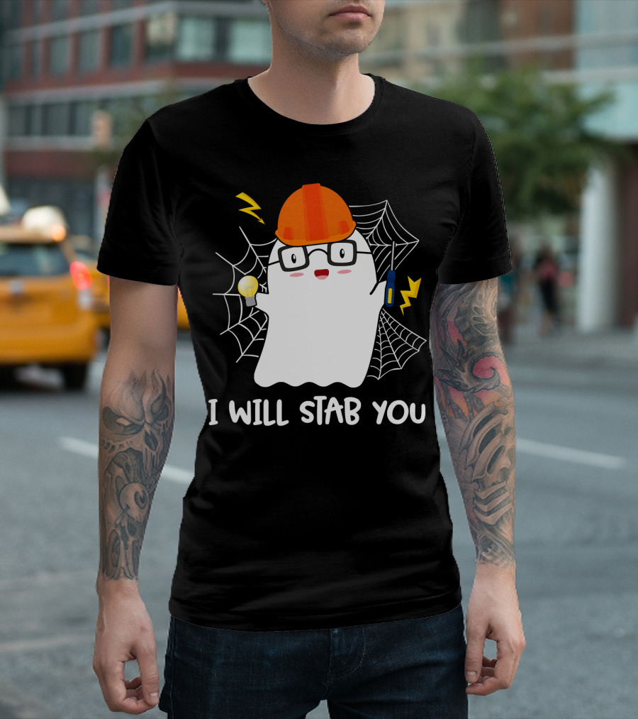 I Will Stab You Ghost Wearing Hardhat with Light Bulb and Screwdriver Electrician T-Shirt