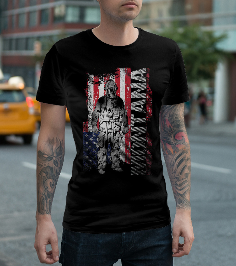Montana Fireman Proud Firefighter American Flag Hero T-Shirt