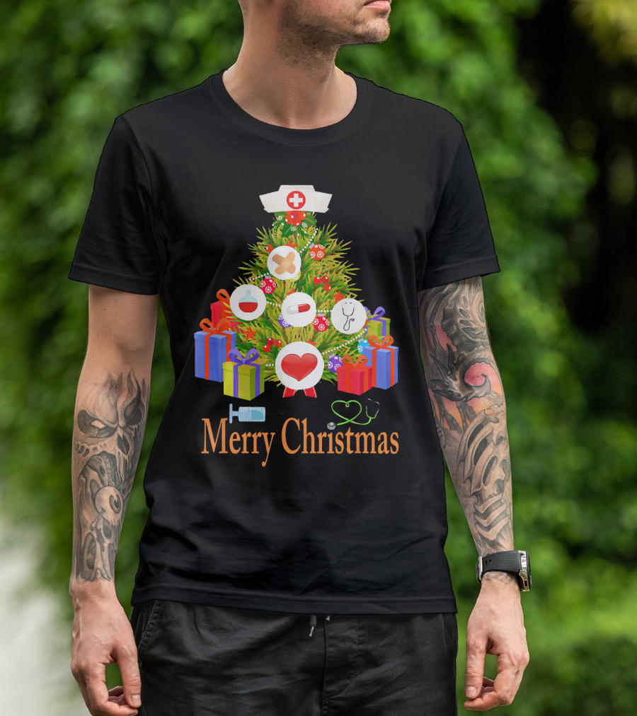 Merry Christmas Nurse Xmas Cute Nurse Medical Holiday Tree T-Shirt