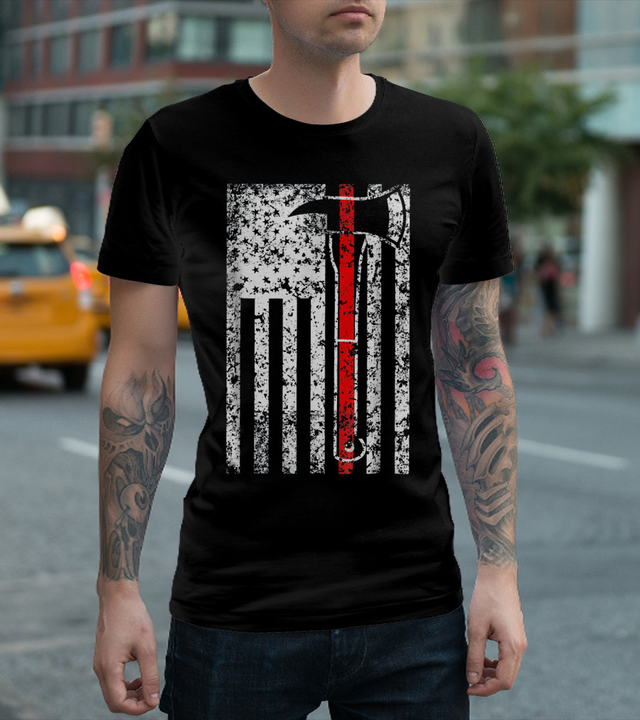Mens Firefighter Thin Red Line USA American Flag Axe T-Shirt