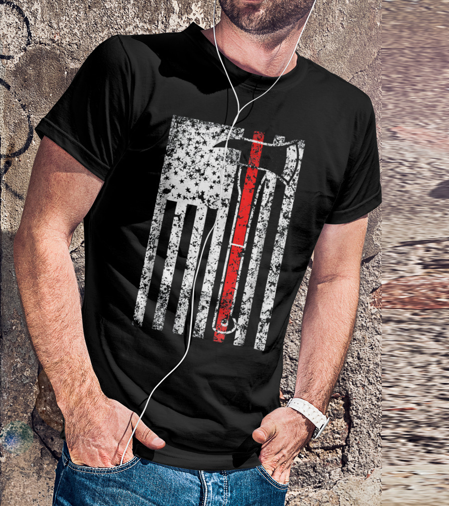 Mens Firefighter Thin Red Line USA American Flag Axe T-Shirt