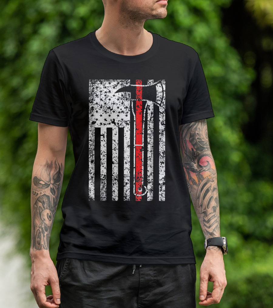 Mens Firefighter Thin Red Line USA American Flag Axe T-Shirt