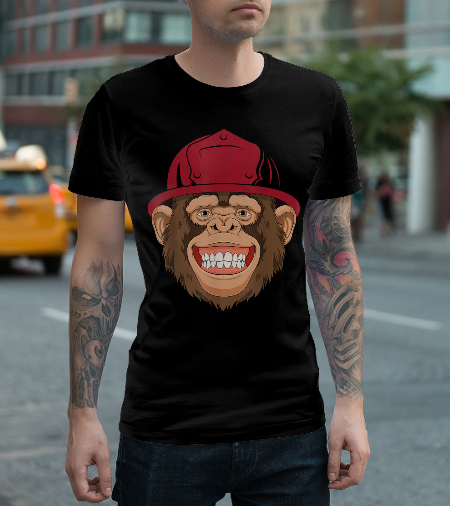 Monkey Firefighter With Red Helmet Grinning Face T-Shirt