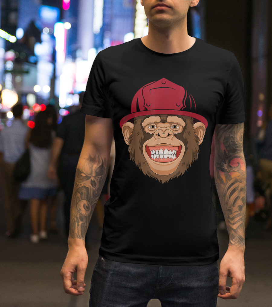 Monkey Firefighter With Red Helmet Grinning Face T-Shirt