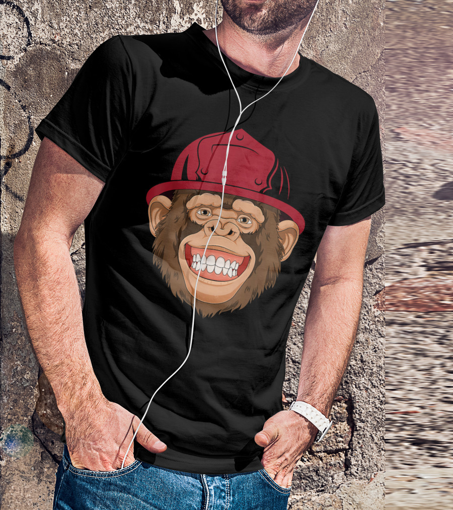 Monkey Firefighter With Red Helmet Grinning Face T-Shirt