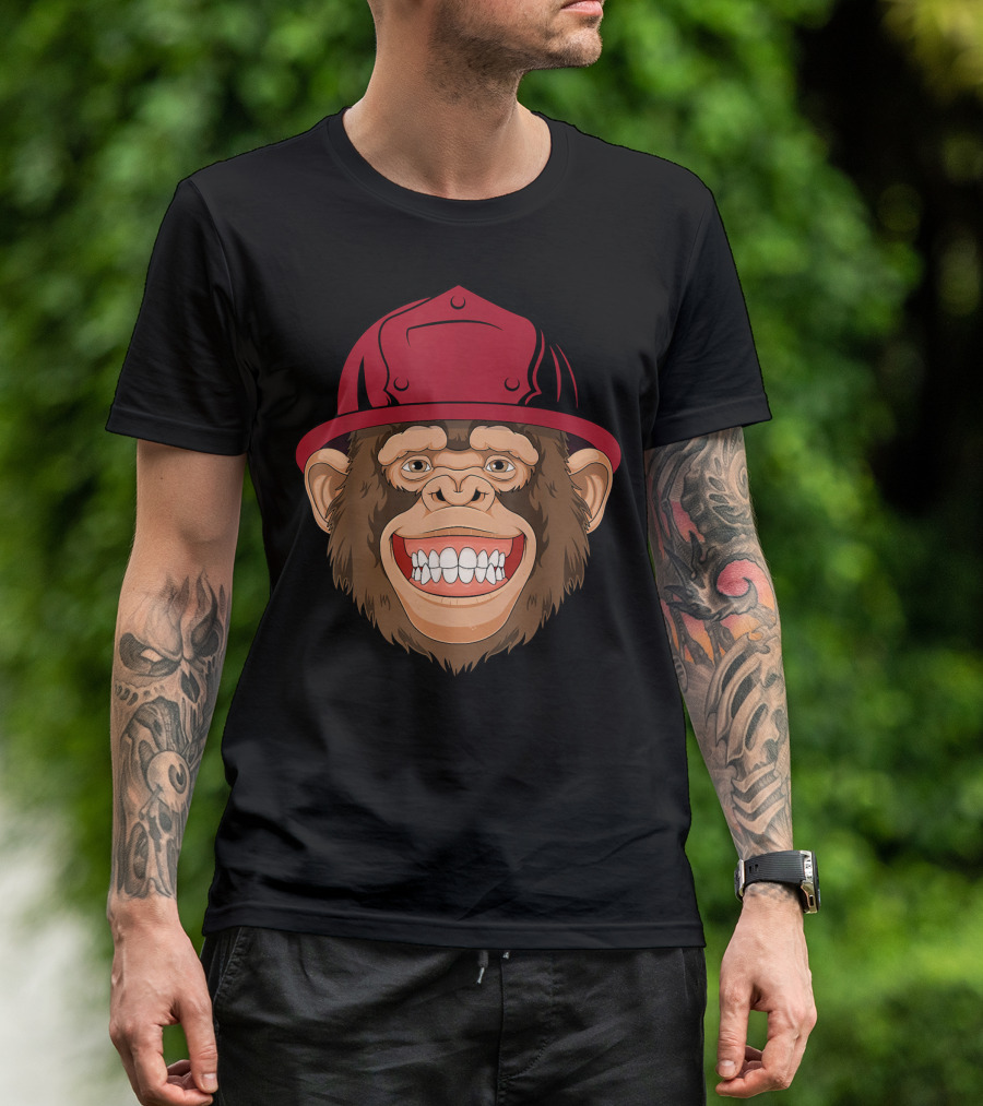 Monkey Firefighter With Red Helmet Grinning Face T-Shirt