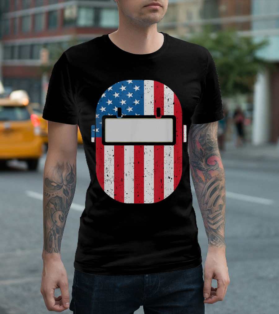 Mens American Flag Welding Helmet Welder Dad T-Shirt