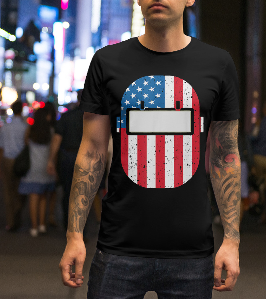 Mens American Flag Welding Helmet Welder Dad T-Shirt