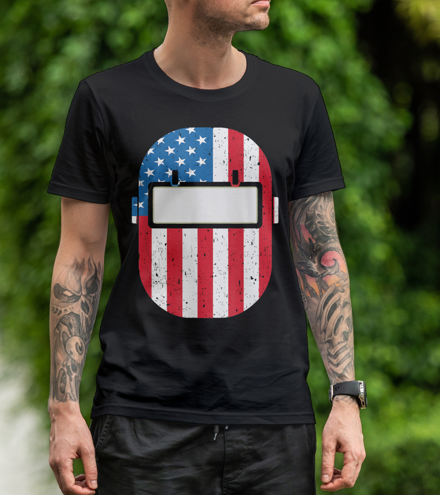 Mens American Flag Welding Helmet Welder Dad T-Shirt