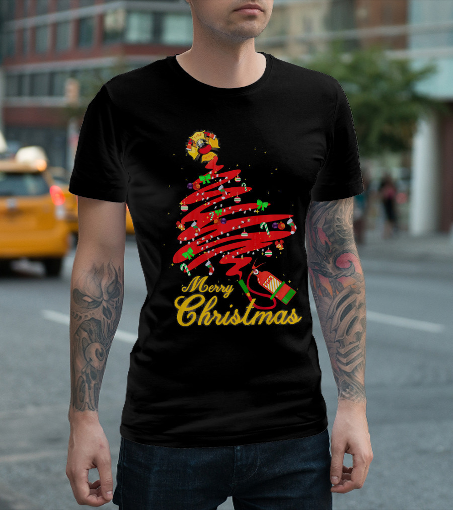 Merry Christmas Fire Rescue Noel Tree with Firefighter Helmet and Extinguisher Decor T-Shirt