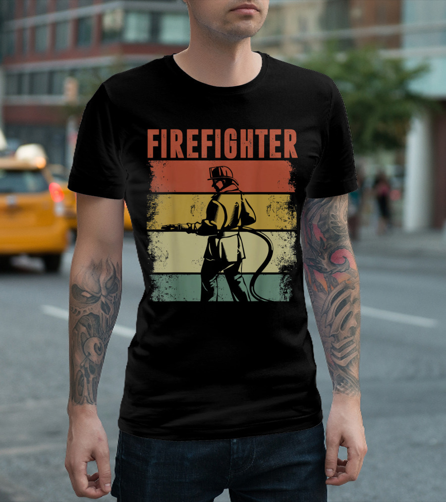 Vintage Firefighter Silhouette Retro Stripes T-Shirt