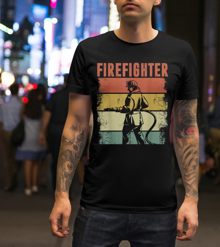 Vintage Firefighter Silhouette Retro Stripes T-Shirt