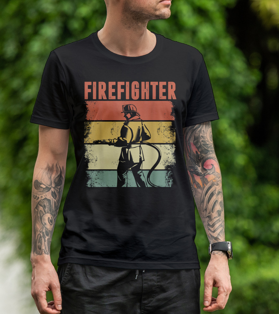 Vintage Firefighter Silhouette Retro Stripes T-Shirt