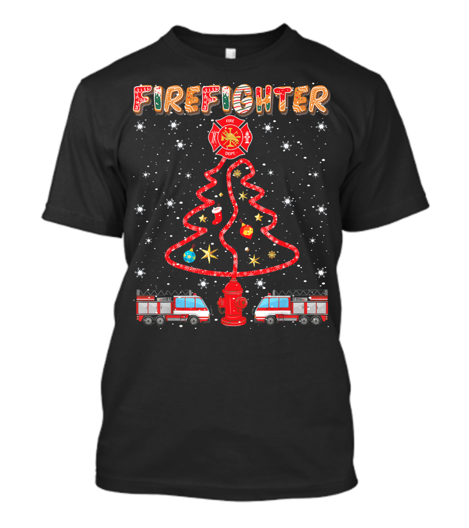 Firefighter Christmas Pine Tree Fire Hose Fire Truck T-Shirt