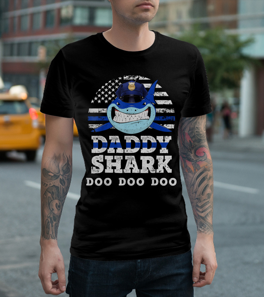 Daddy Shark Police Funny American Flag Doo Doo Doo T-Shirt