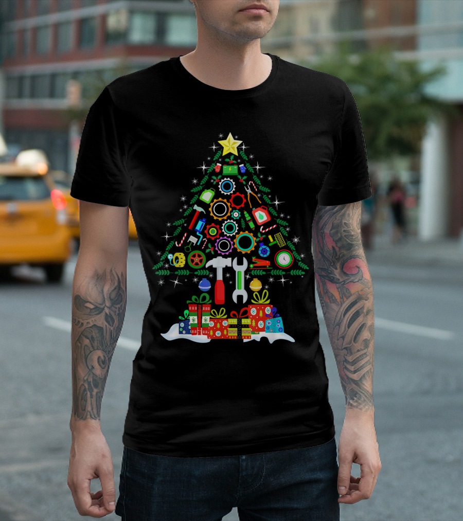 Merry Christmas Tree with Mechanic Tools and Holiday Gifts T-Shirt