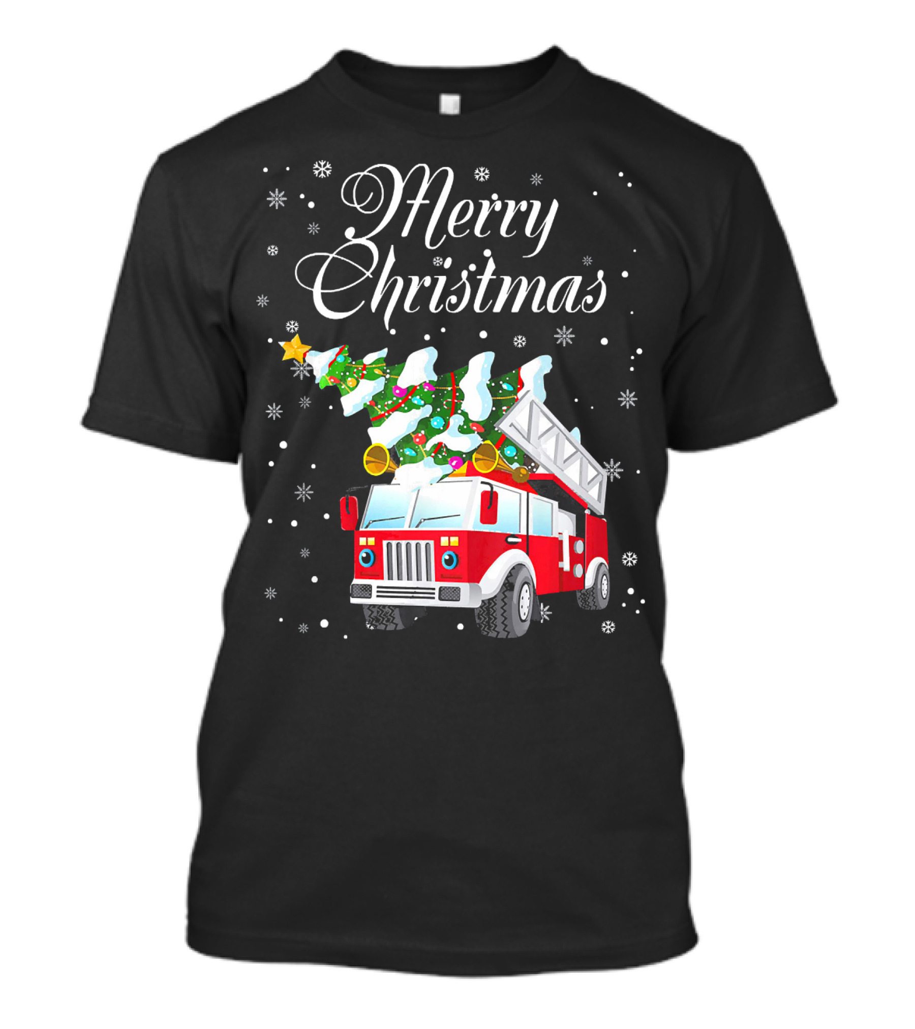 Merry Christmas Fire Truck With Tree And Snowflakes T-Shirt