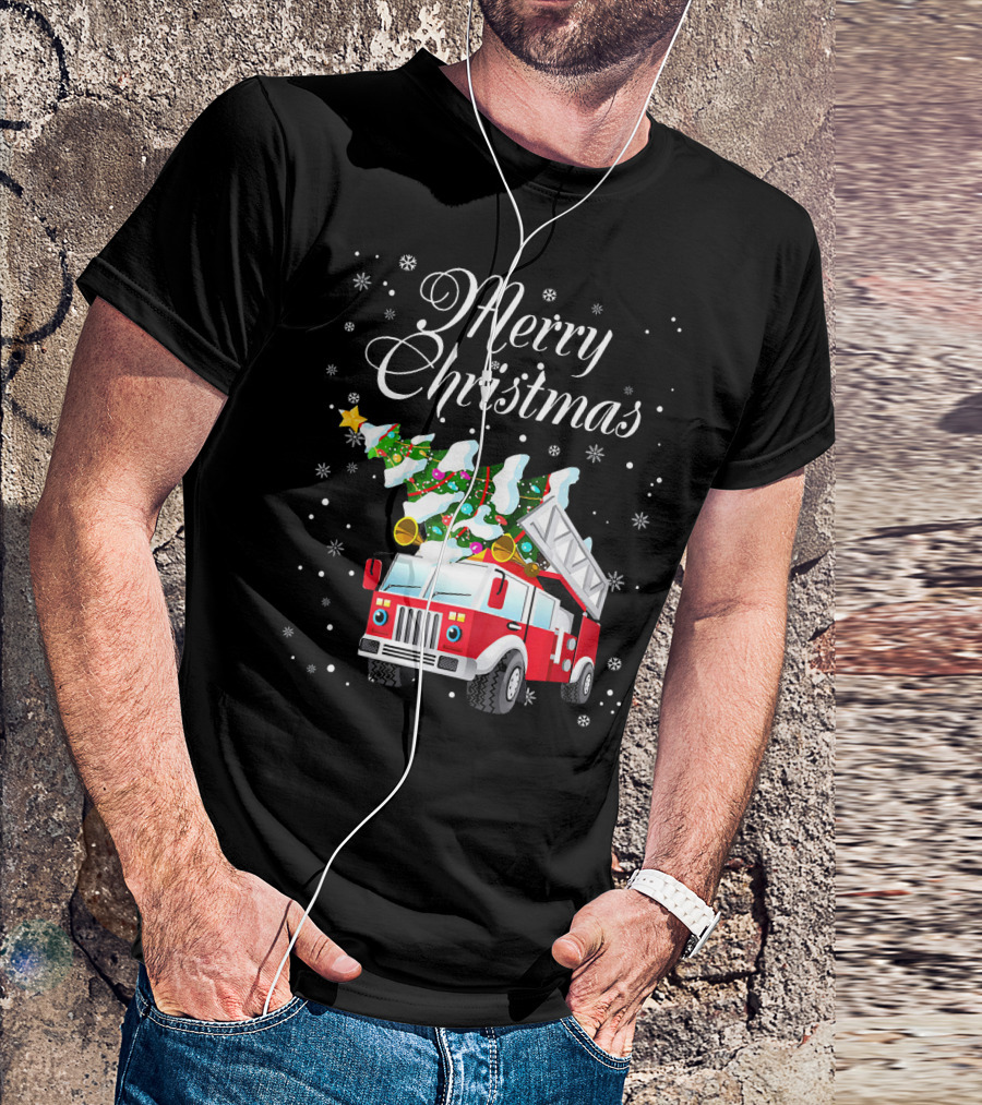Merry Christmas Fire Truck With Tree And Snowflakes T-Shirt