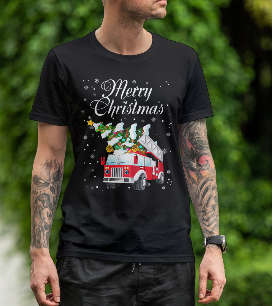Merry Christmas Fire Truck With Tree And Snowflakes T-Shirt