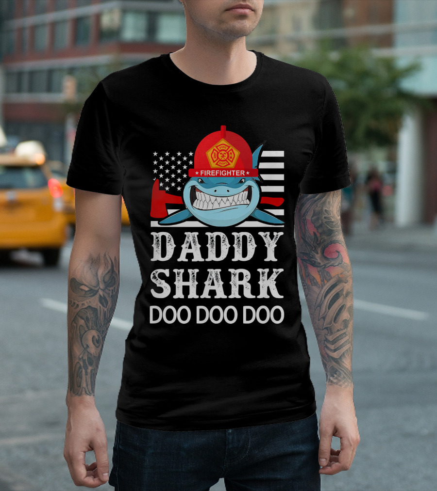 Daddy Shark Doo Doo Doo Firefighter USA Flag Helmet T-Shirt