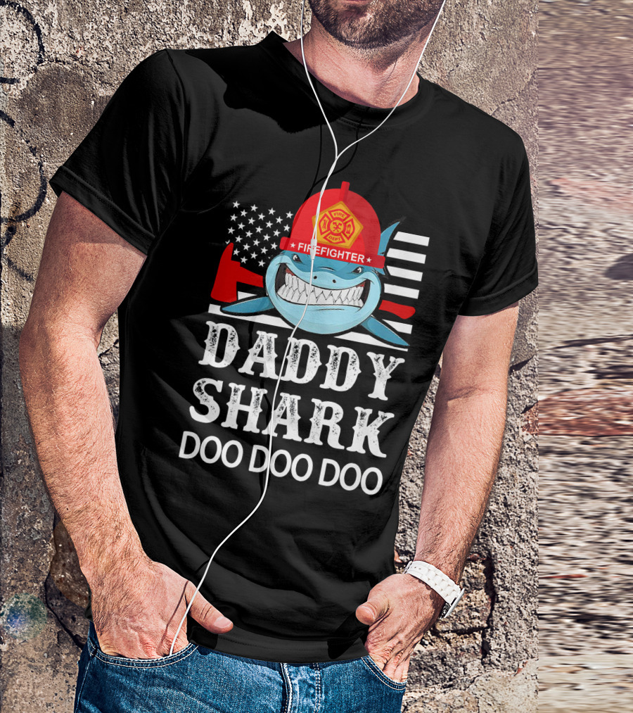 Daddy Shark Doo Doo Doo Firefighter USA Flag Helmet T-Shirt