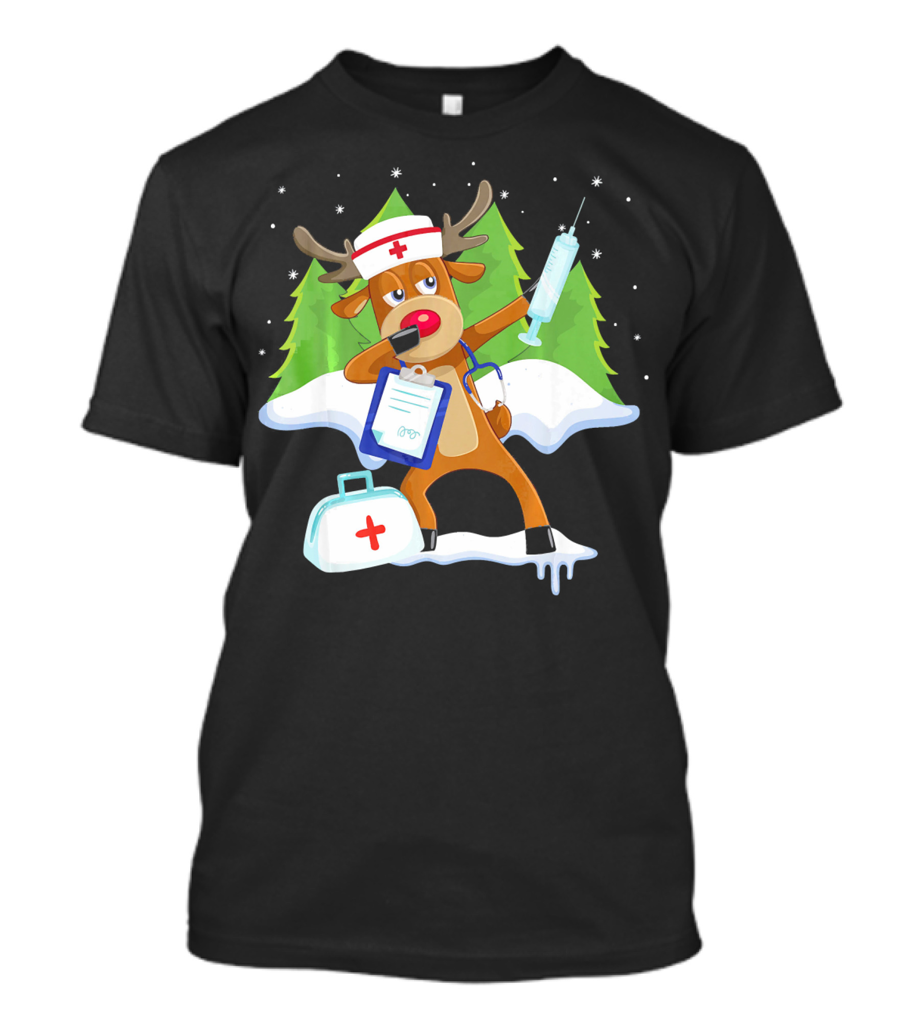 Medical Scrub Top Reindeer Nurse With Clipboard Syringe And Medical Bag In Snowy Forest T-Shirt