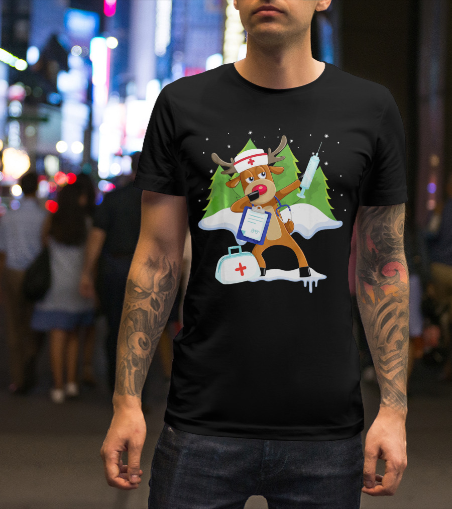 Medical Scrub Top Reindeer Nurse With Clipboard Syringe And Medical Bag In Snowy Forest T-Shirt