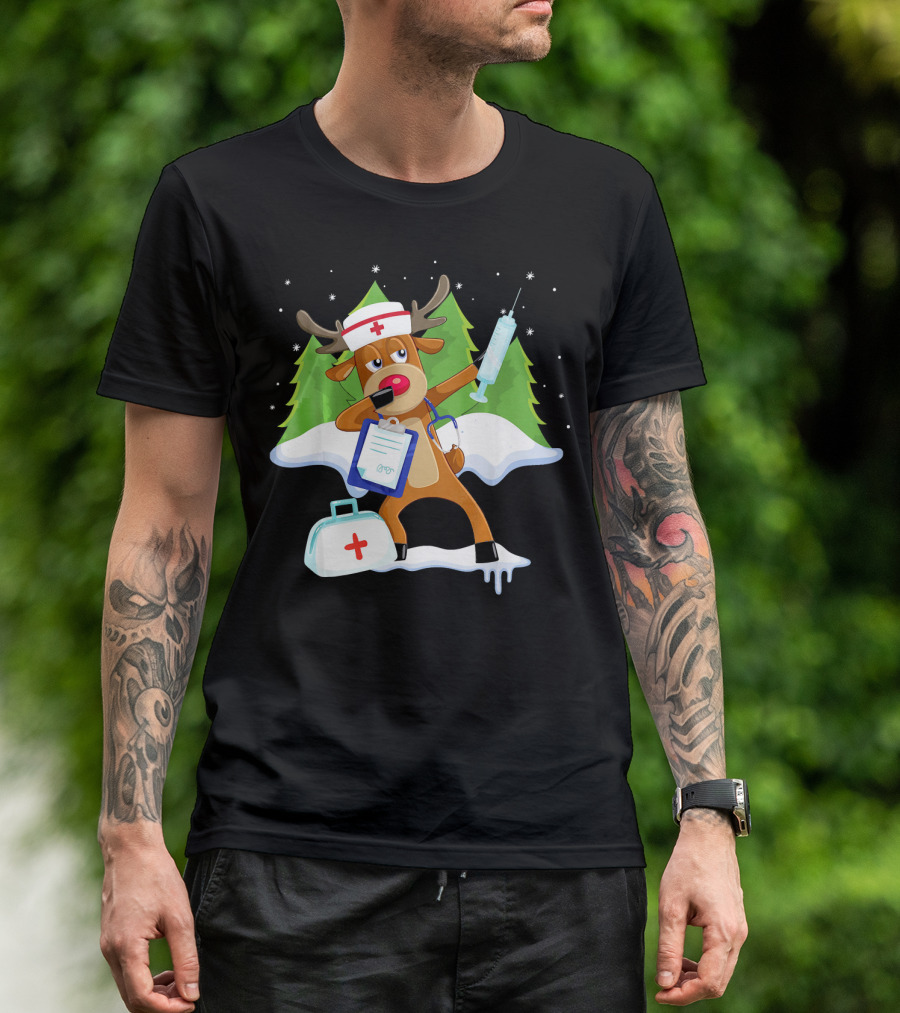 Medical Scrub Top Reindeer Nurse With Clipboard Syringe And Medical Bag In Snowy Forest T-Shirt