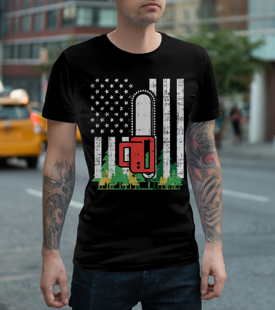 Mens USA Flag Chainsaw Woods Patriotic Forest Americana T-Shirt