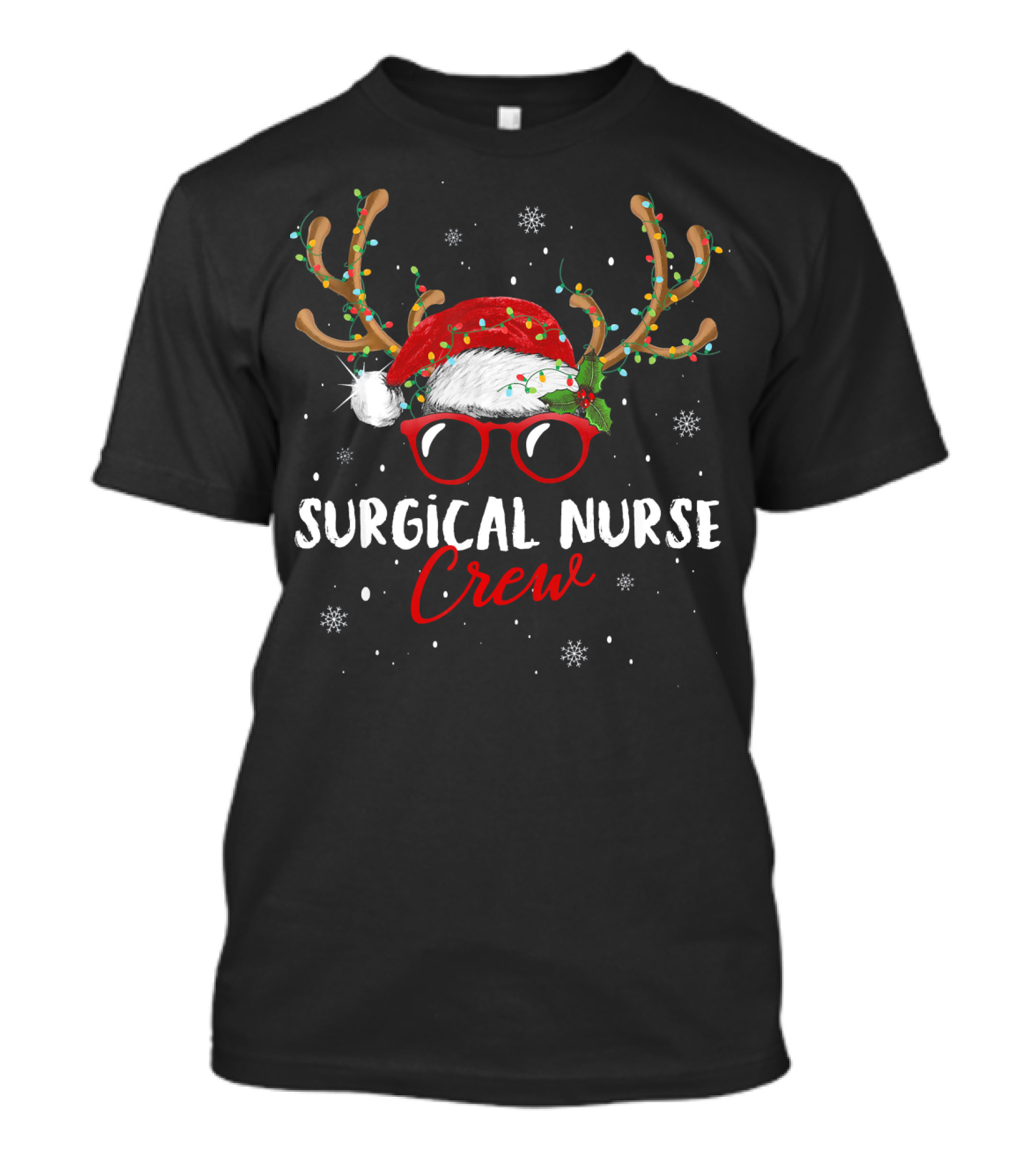 Surgical Nurse Crew Reindeer Christmas Antlers Santa Hat And Glasses T-Shirt