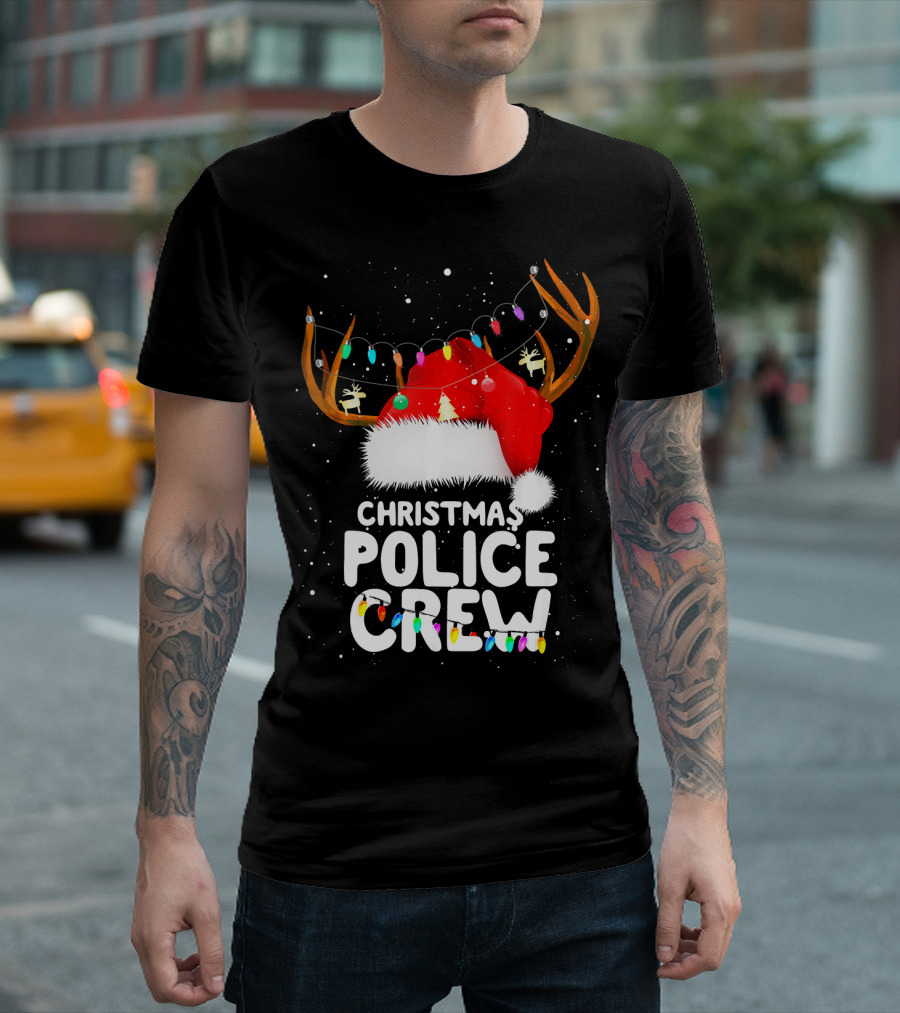 Christmas Police Crew Santa Hat Reindeer Lights T-Shirt