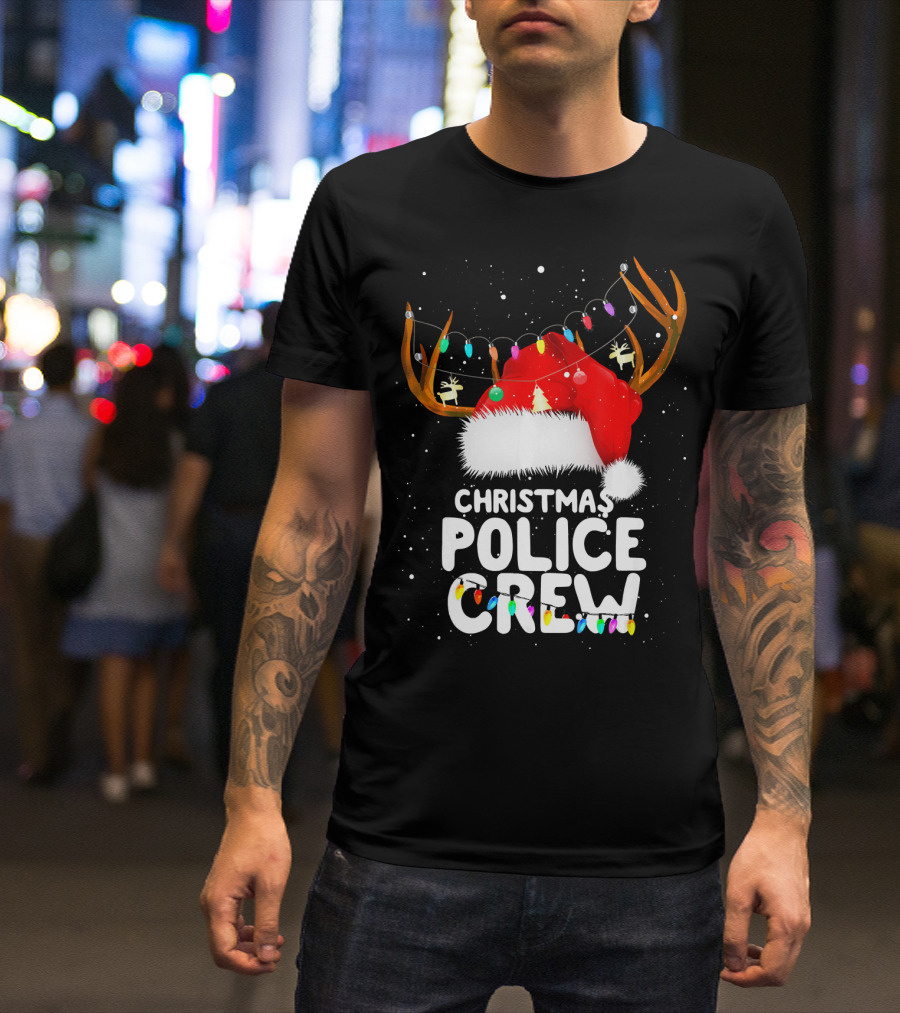Christmas Police Crew Santa Hat Reindeer Lights T-Shirt