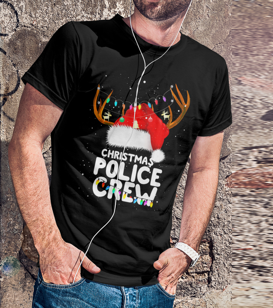 Christmas Police Crew Santa Hat Reindeer Lights T-Shirt