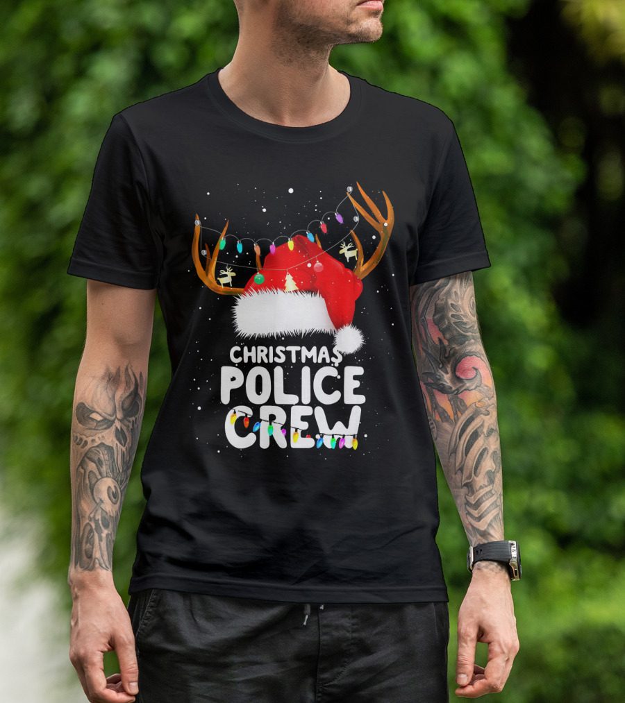 Christmas Police Crew Santa Hat Reindeer Lights T-Shirt