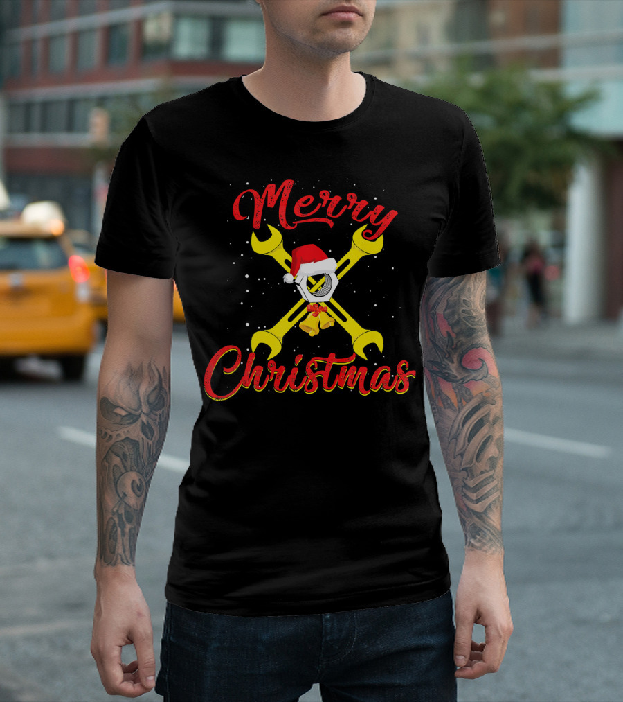 Merry Christmas Mechanic Wrench Hex Nuts Santa Hat T-Shirt