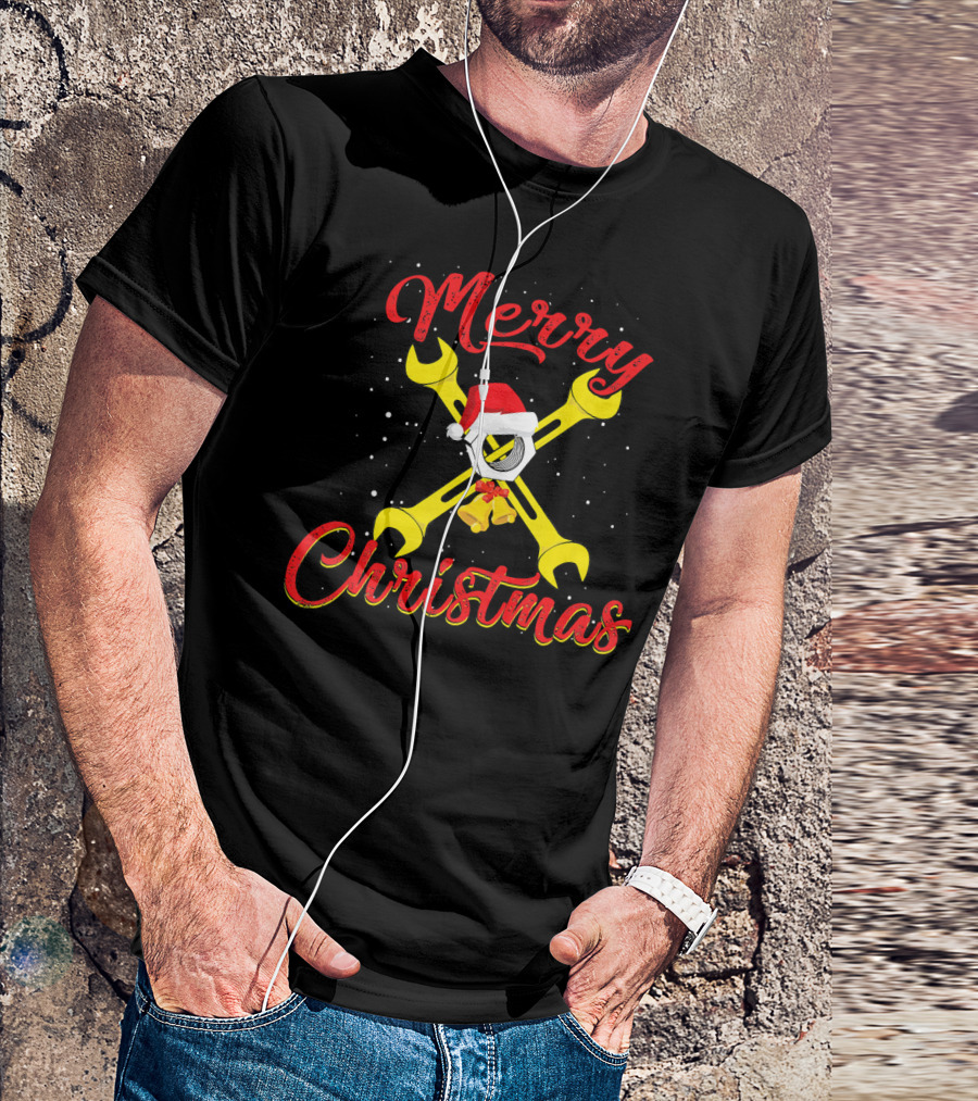 Merry Christmas Mechanic Wrench Hex Nuts Santa Hat T-Shirt
