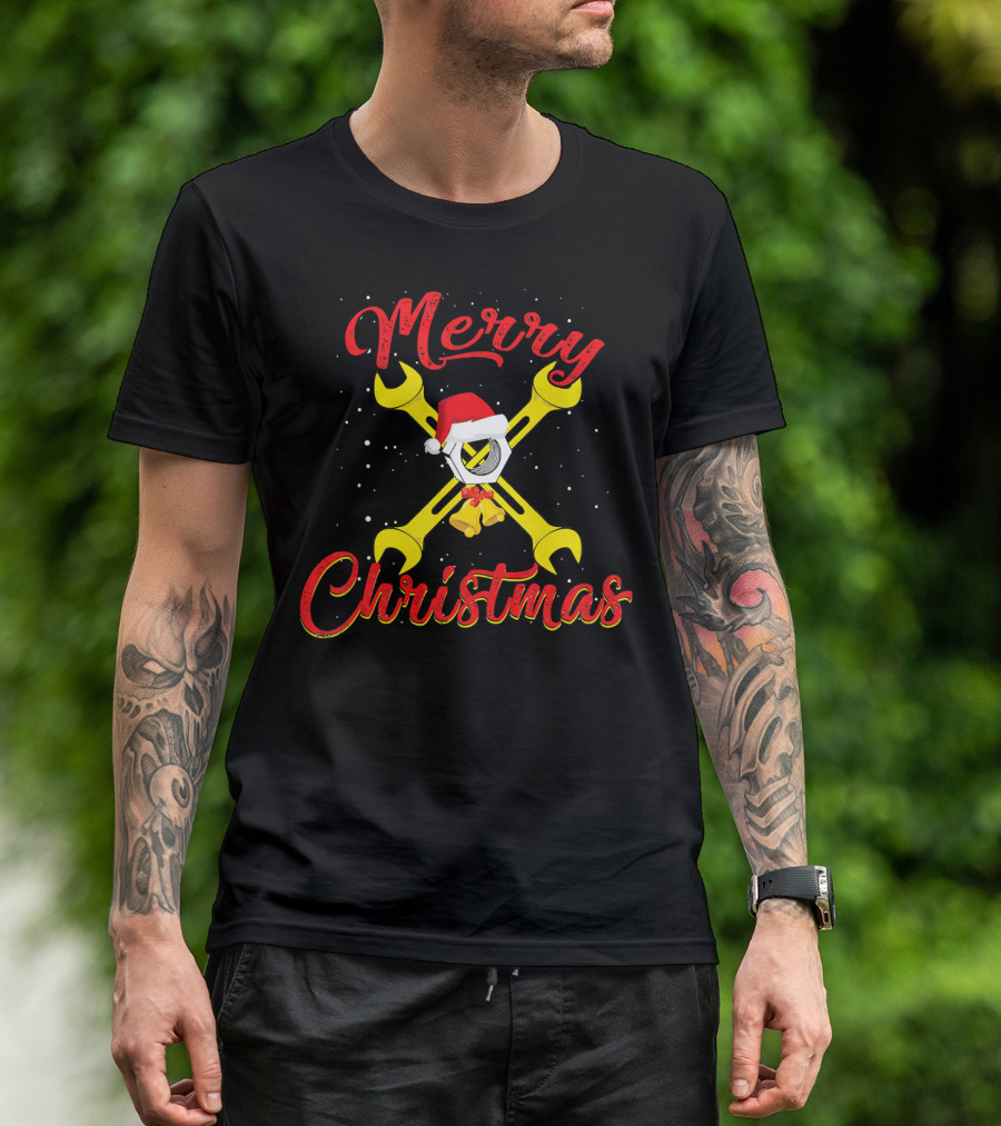 Merry Christmas Mechanic Wrench Hex Nuts Santa Hat T-Shirt