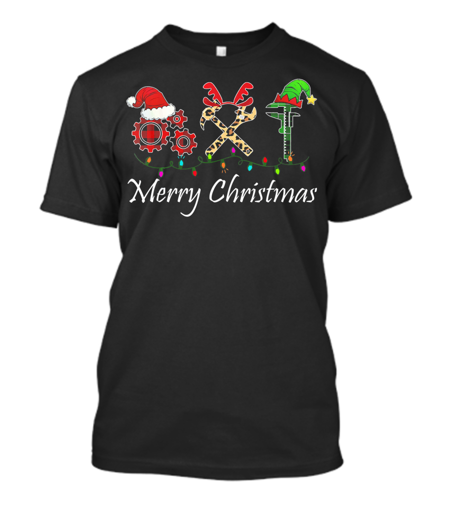 Merry Christmas Mechanic Festive Tools Santa Hat Antlers Elf Hat Lights T-Shirt